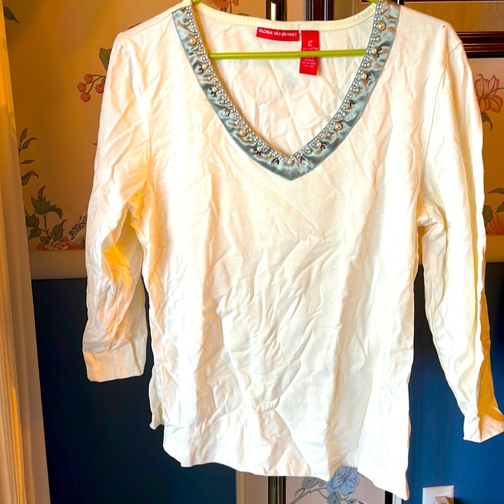 Gloria Vanderbilt Cream 3/4 Sleeve Pearl Grey Ribbon Beaded Collar XL